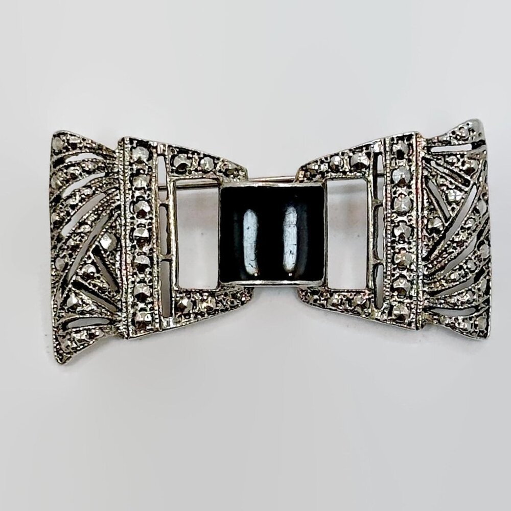 Vintage Brooch, Art Deco Style, Silver Tone, Faux Marcasite, Faux Onyx, Vintage